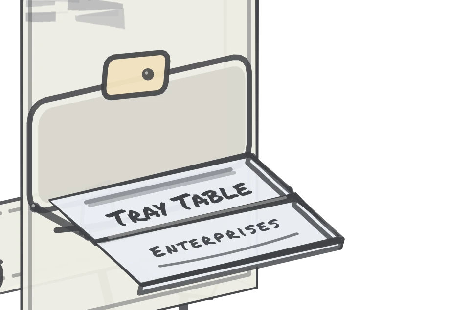 Tray Table Enterprises mark: an illustrated airline seat tray table folded down, the studio name written across it